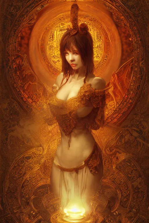 Prompt: tarot card artstation, portrait of a tarot card reader, sunrise, baroque ornament and rococo ornament, ancient chinese ornate, hyperdetailed, beautiful lighting, craig mullins, mucha, klimt, yoshitaka amano, red and gold and orange color palatte