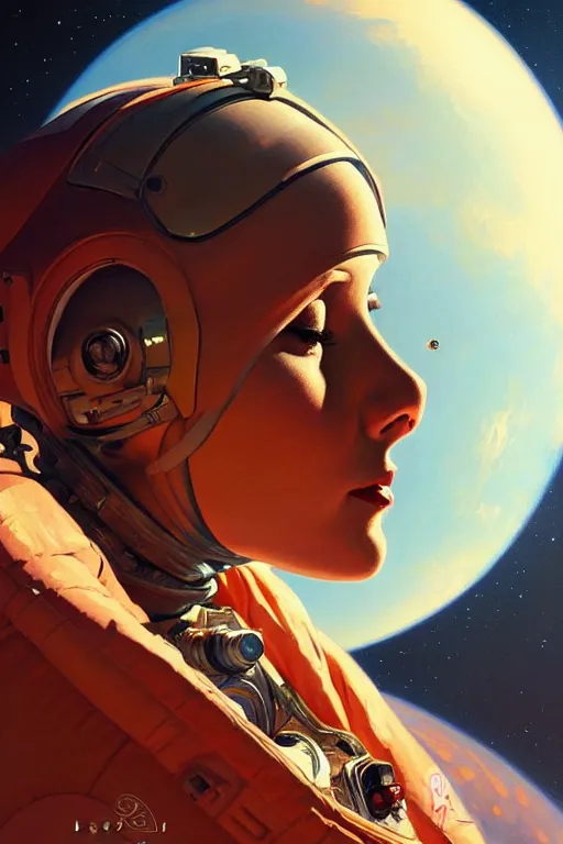 Image similar to beautiful portrait of a female astronaut on mars, face painting, dramatic lighting, intricate, wild, highly detailed, digital painting, artstation, concept art, smooth, sharp focus, illustration, art by artgerm and greg rutkowski and alphonse mucha, footage from space camera