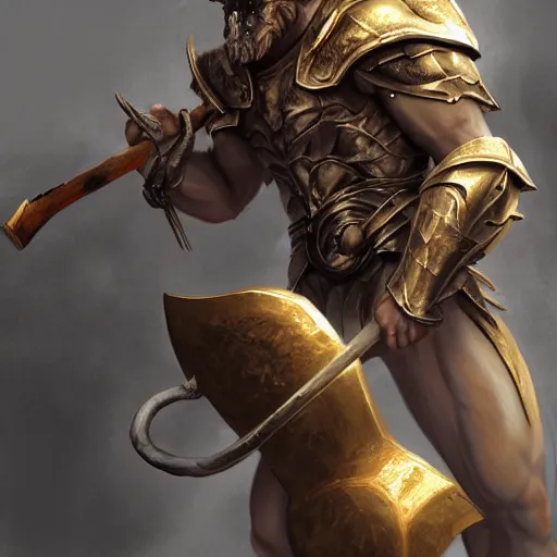 Image similar to Giant minotaur humanoid beast warrior with two handed axe, concept art, heavy white and golden armor, giant horns, portrait, dungeons and dragons, hyperrealism, high details, digital painting, dark fantasy