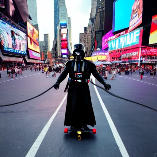 Prompt: Darth Vader on a skateboard in time Square