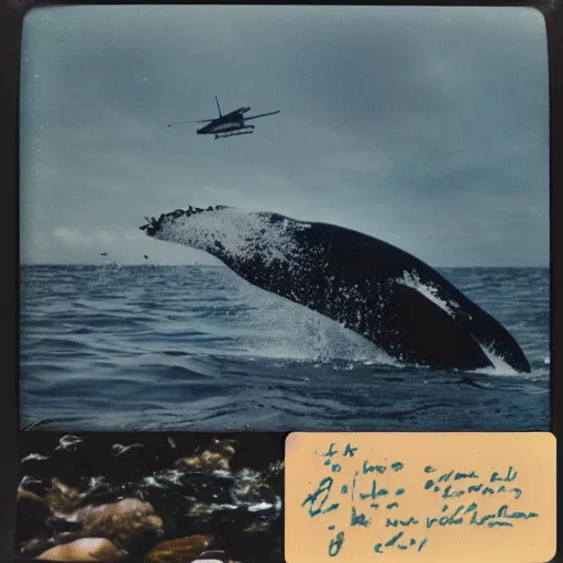 Prompt: a polaroid picture of a whale swimming under the sea, aquatic helicopters flying around the whale