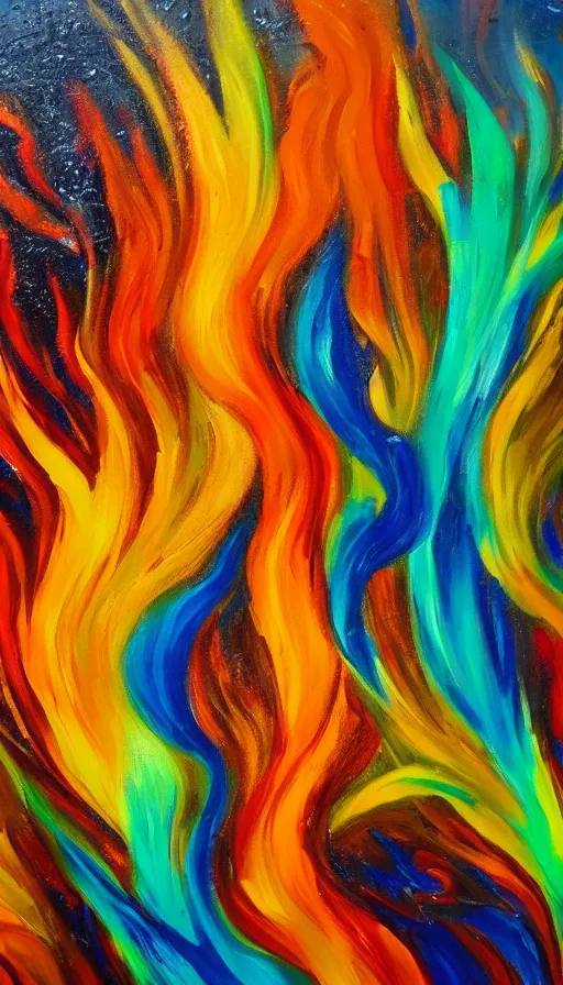 Prompt: oil painting of fire and water mixing together