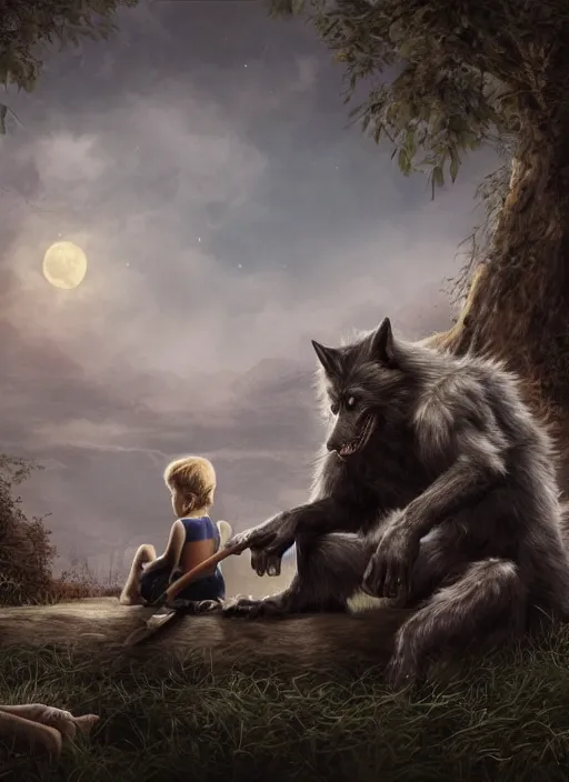 Prompt: a werewolf at night sitting next to a human child, fantasy art, matte painting, highly detailed