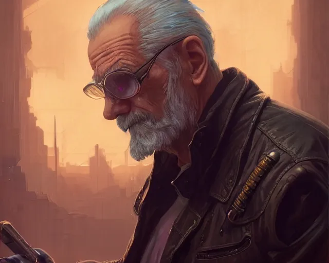 Prompt: old man with cyberpunk leather jacket, deep focus, d & d, fantasy, intricate, elegant, highly detailed, digital painting, artstation, concept art, matte, sharp focus, illustration, hearthstone, art by artgerm and greg rutkowski and alphonse mucha