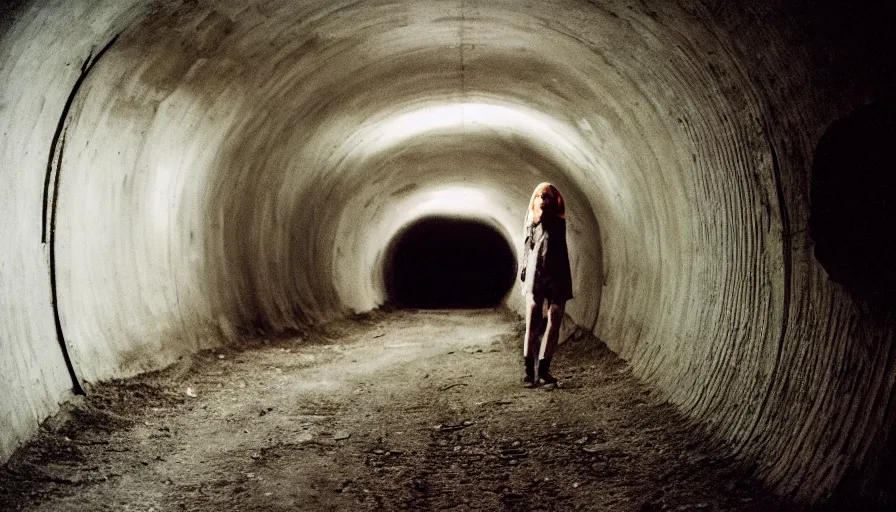 Prompt: portrait of a white female phantom in an empty soviet tunnel, cinestill 800t 35mm, heavy grain, high quality, liminal space style