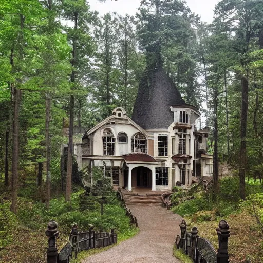 Image similar to a 3 story hunted mansion on a giant hill, winding path, forest.