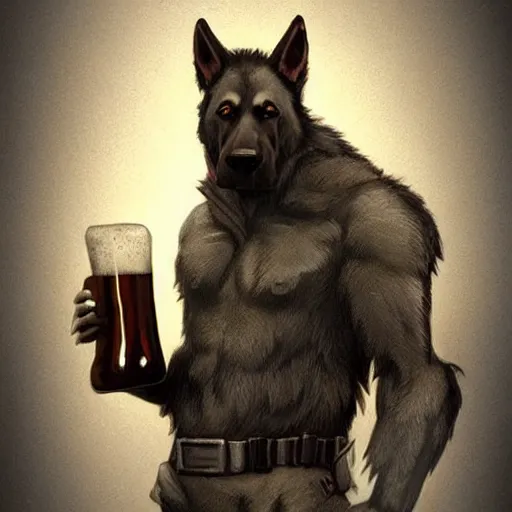 Image similar to a humanoid german shepherd beast - man in military style, holding a bottle of beer, artstation, concept art, smooth, sharp foccus ilustration, artstation