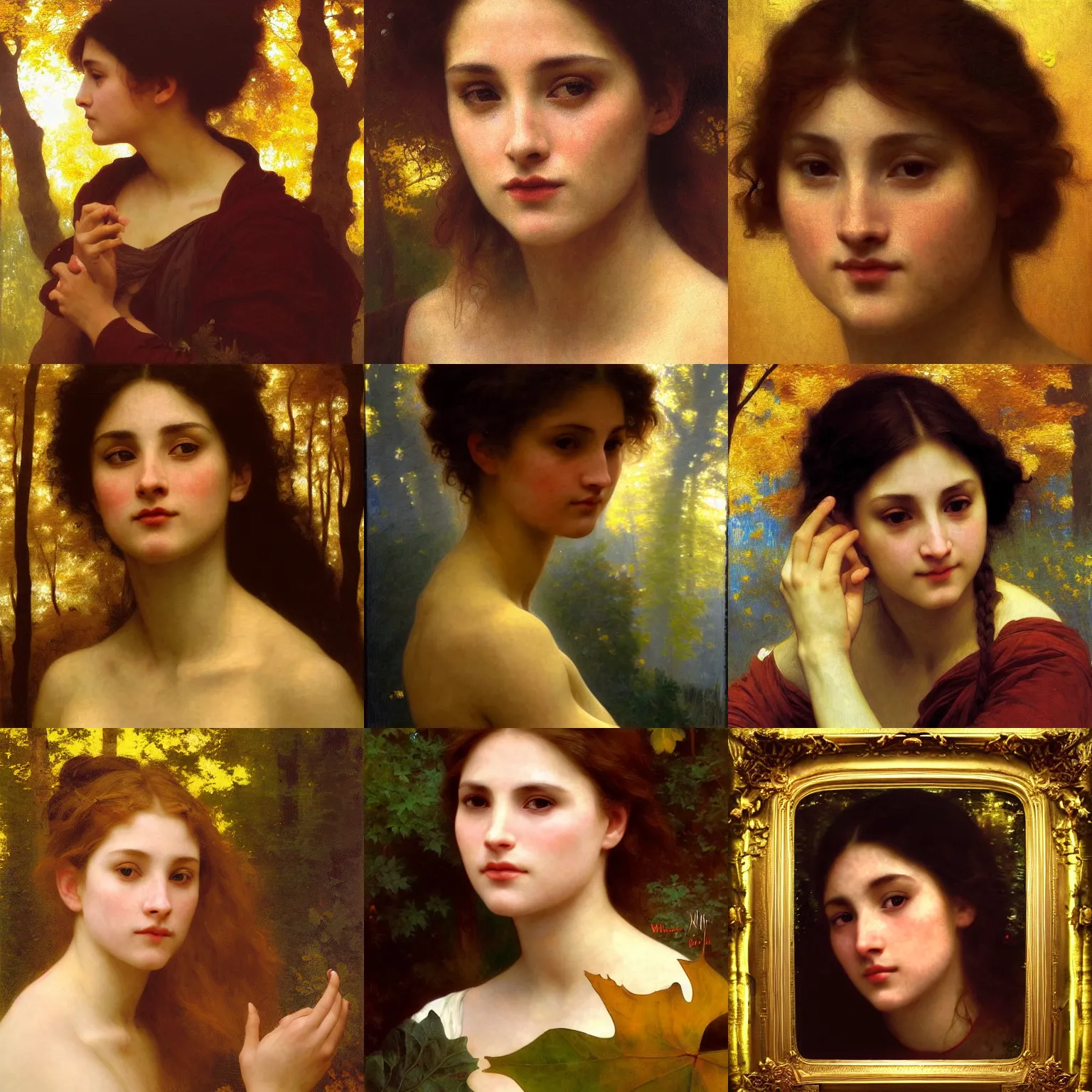 Prompt: finished portrait of a beautiful!!!!!! womans face, by william bouguereau, waterhouse, craig mullins, ruan jia, gustave klimt, masterpiece, golden hour, rim light, forest!! leaves, bold color, yellow, gold leaf, shining, highlight, blue sky, chiaroscuro, beautiful hands