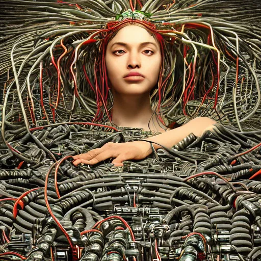 Image similar to piles of modular synth cables mixed with mangrove roots and old video game consoles, kawaii puerto rican goddess chilling out wearing a headpiece made of circuit boards, by cameron gray, wlop, stanley kubrick, masamune, hideki anno, jamie hewlett, unique perspective, trending on artstation, 3 d render, vivid