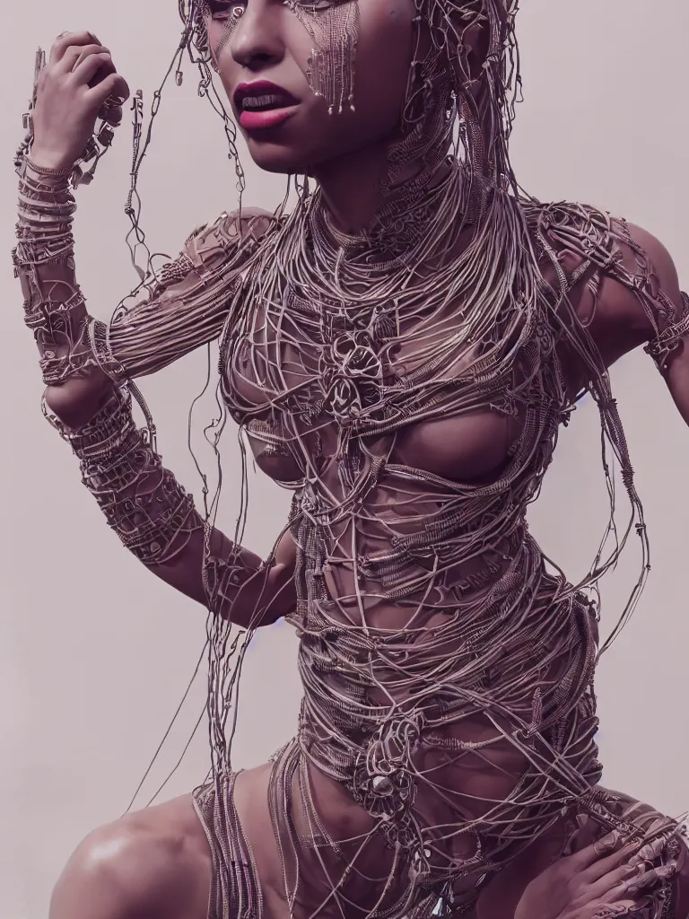 Image similar to a centered render of an alluring mystical tribal goddess adorned with cables and synthesizer parts is surrounded by sacred geometry, full body, gorgeous face, perfect face, powerful, cinematic, beautifully lit, by viktoria gavrilenko, 3 d, trending on artstation, octane render, 8 k