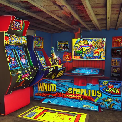 Image similar to large Mancave full of 80s toys games arcade games and wall posters Stuffy atmosphere, shadows, vintage, highly detailed, abandoned, octane render, photorealistic, DOF, beautify , micro detailing, blender, --width 1024 8k