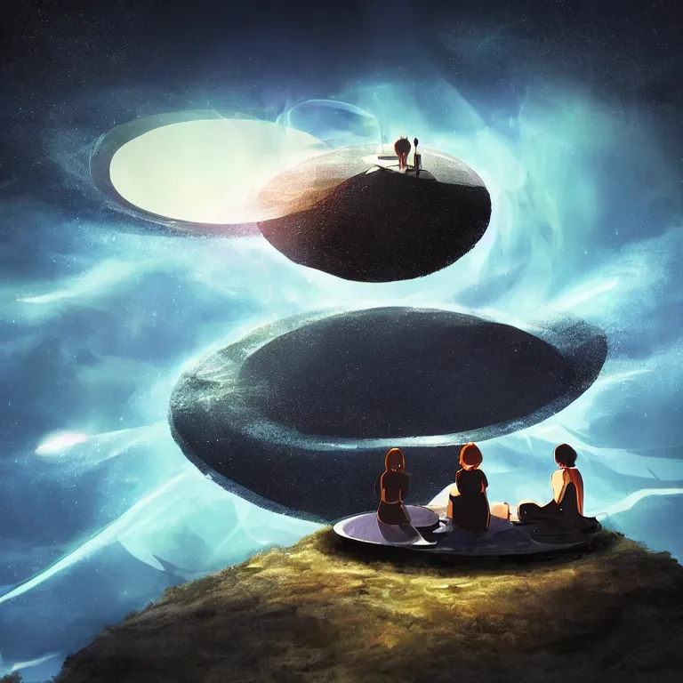 Prompt: black contrast dark style two people stuck on a very tiny floating island overlooking a centered perfectly circular supermassive black hole warped accretion disk picnic table makoto shinkai vibrant digital art