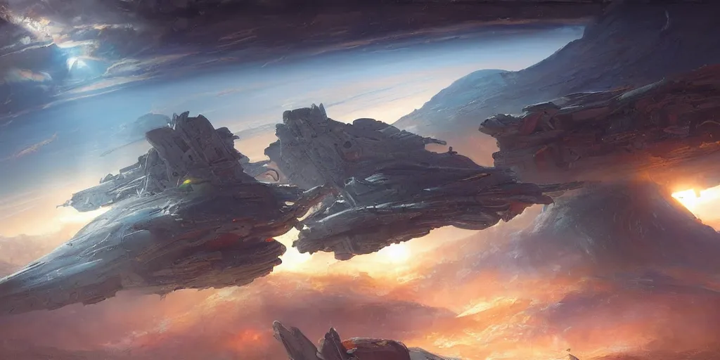 Image similar to a colorful spaceship emerges over the horizon of an alien planet, artwork by darek zabrocki, john howe, dramatic lighting, brushstrokes, paper texture.