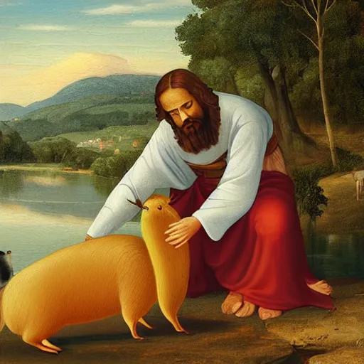 Prompt: real painting of jesus petting a capybara at the river, old painting ultra realistic image