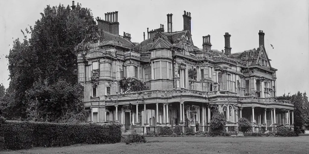 Image similar to a photograph of a late Victorian mansion designed by Joseph Paxton, view from ground level