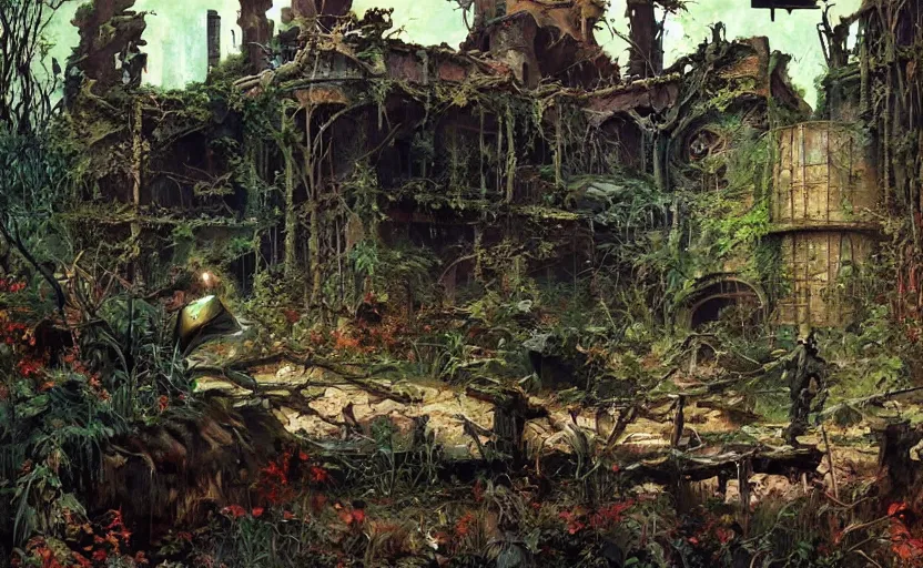 Image similar to abandoned alien building ruins overgrown with nature and zombies. highly detailed science fiction painting by norman rockwell, frank frazetta, and syd mead. rich colors, high contrast, gloomy atmosphere, dark background. trending on artstation