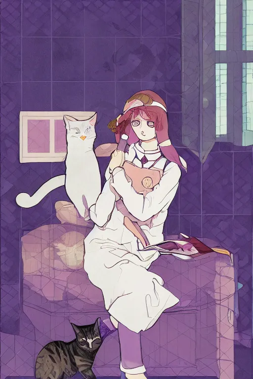 Image similar to a girl playing with a cat A comfortable study room at night,purple and blue colour ,geometric shapes,S line,hard edges,by mucha and krenz cushart ,jk uniform ,Hairdryer