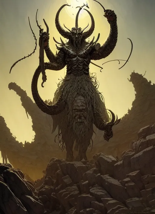 Prompt: masterpiece concept art, cralfurion the ancient demon, by geoff darrow and greg rutkowski and greg darrow, 8 k, intricate detail, cinematic lighting