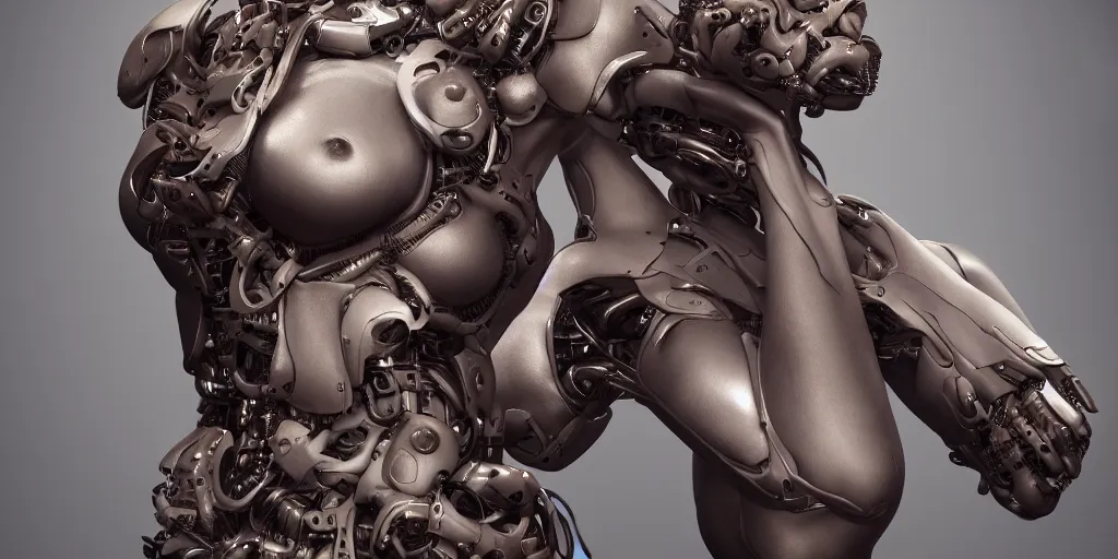 Image similar to photorealistic gorgeous female cyborg, holding intimately, highly detailed, intricate detailing, torso, neck, knees, in the style of, beth cavener, jin kagetsu, wlop, masterpiece, concept art, highkey lighting, ambient lighting, octane render, 8 k, artstation