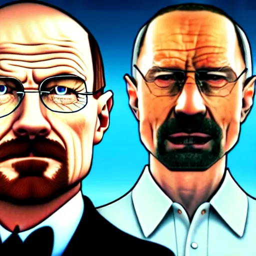 Image similar to walter white and vladimir putin in the style of a gta loading screen