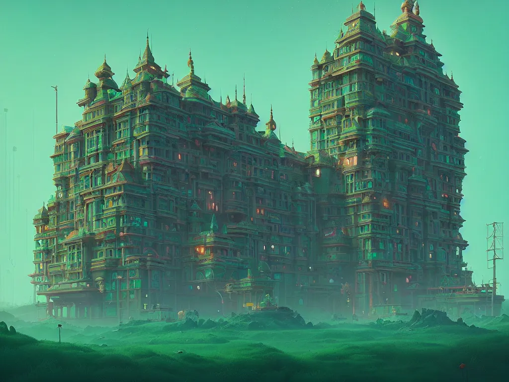 Prompt: emerald palace, moody:: Simon Stålenhag and beeple and James Gilleard and Justin Gerard :: ornate, dynamic, particulate, intricate, elegant, highly detailed, centered, artstation, smooth, sharp focus, octane render, 3d