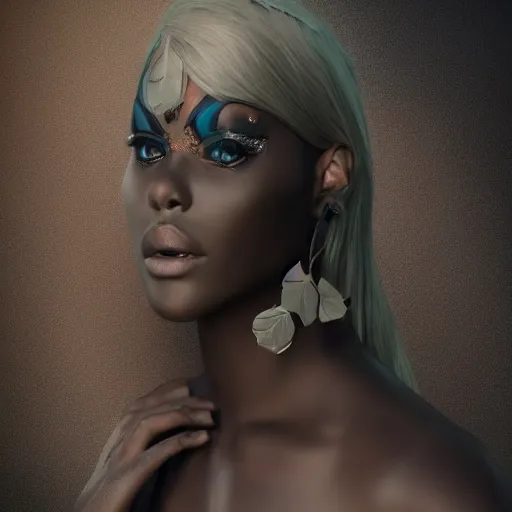 Image similar to charcter design, beautiful : : 3 stunning drow woman : : 2 face, black opal leafs covering her body, full body, symetrical, 4 k, photorealistic, octane render