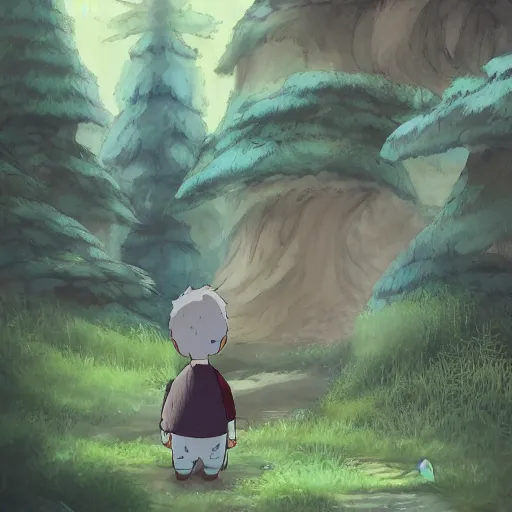 Prompt: friendly guy and small creature , with Fragile looking character portrait face made in Studio Ghibli artstyle ,highly detailed art, beautiful scene, sharp focus, smooth, 8k, anime art, fantasy, style in ghibli anime style, fantasy, island, forest, ghibli animal in 8k