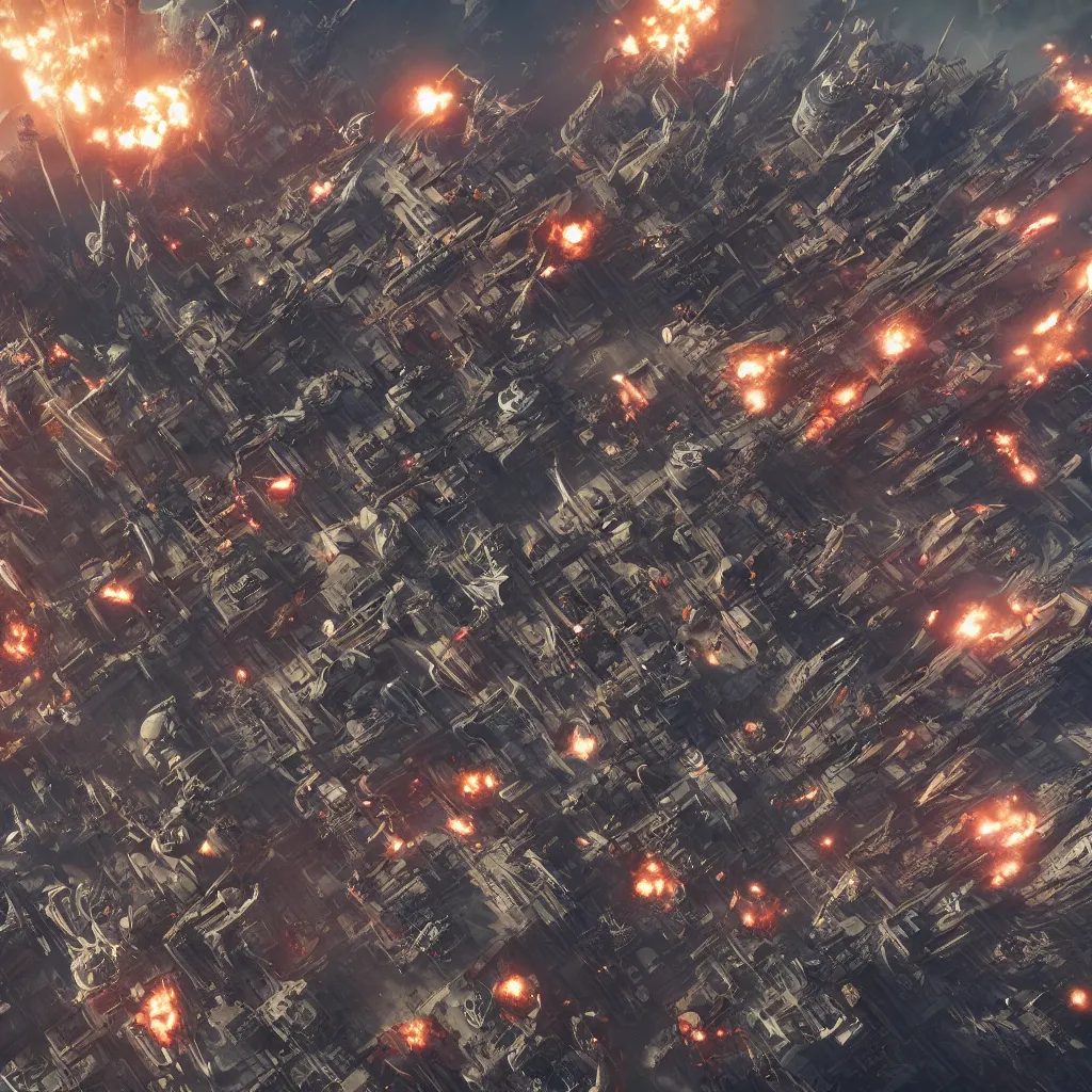 Image similar to squad of futuristic bombers, bombing a baroque cyberpunk city, explosions and fire, aerial view, hypermaximalistic, high details, cinematic, 8k resolution, beautiful detailed, insanely intricate details, artstation trending, octane render, unreal engine