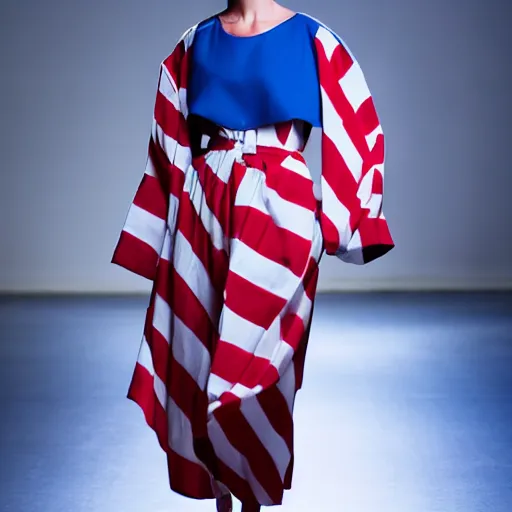 Image similar to brutalist fashion incorporating red white and blue, brutalist fashion show, studio lighting