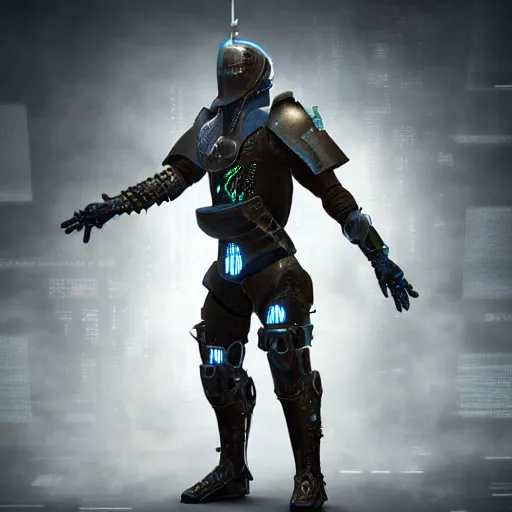 Image similar to a knight wearing cyberpunk armor, half futuristic half medieval, realistic octane render, high detail