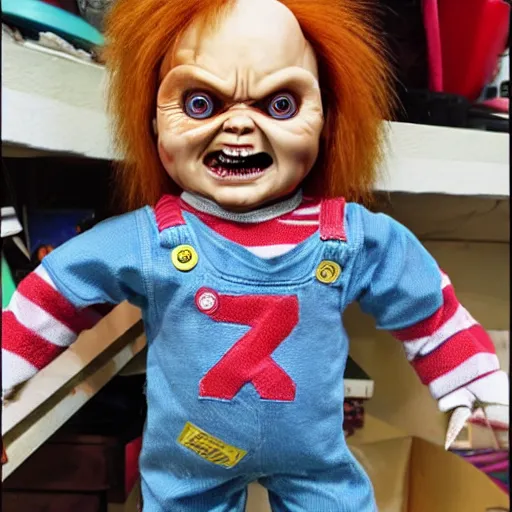 Image similar to Chucky the killer dollfor sake in creepy thrift store