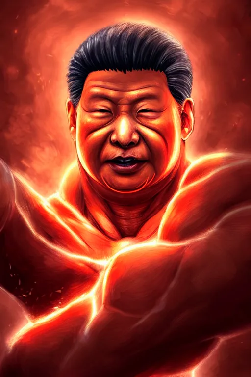 Prompt: photography of human head. xi jinping fanart. chubby. confident look. exploding into orange thunders. full of anatomic red muscles. attack on titan kyojin, titan, d & d, fantasy, intricate, elegant, highly detailed, digital painting, concept art, matte, sharp focus, artstation, concept art, greg rutkowski