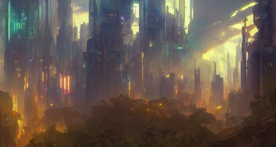 Prompt: A beautiful landscape painting of cyberpunk landscape by Alfons Maria Mucha and Don Bluth and Makoto Shinkai