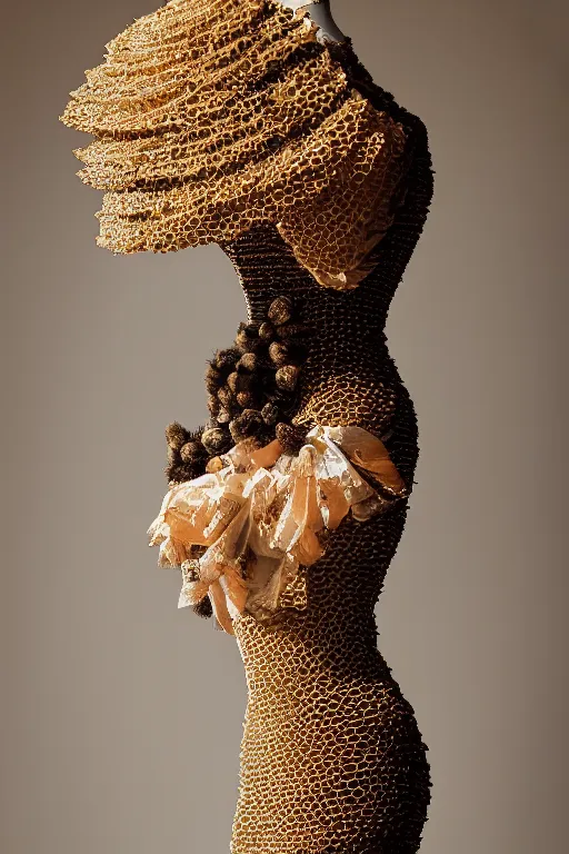 Prompt: A beautiful dress made of a bee hive, on a mannequin. High resolution, studio lighting