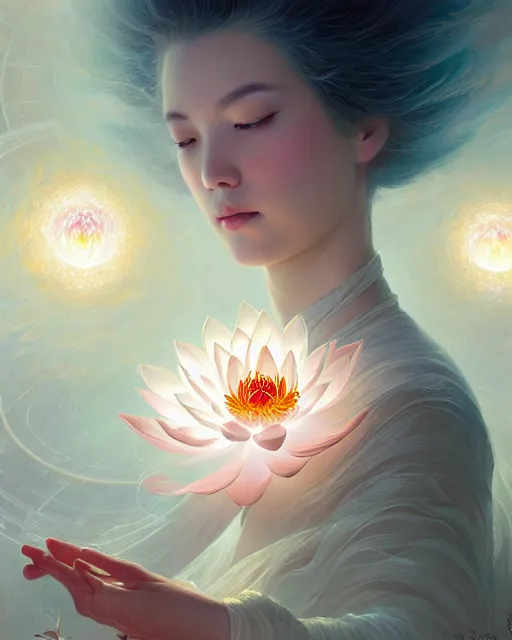 Prompt: harmony of the spheres, fractal crystal, white lotus, beauty portrait by wlop, james jean, victo ngai, beautifully lit, muted colors, highly detailed, fantasy art by craig mullins, thomas kinkade