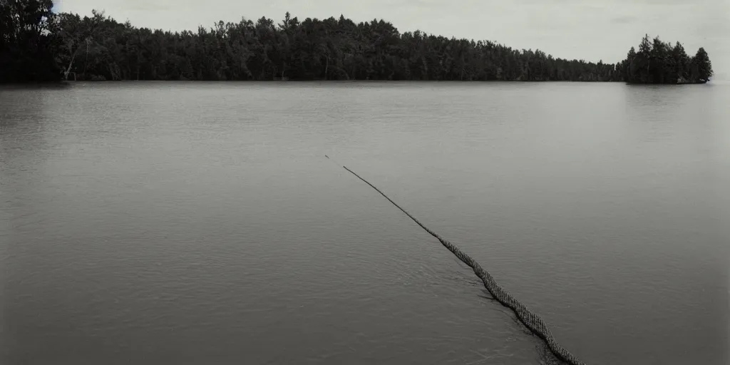 Prompt: centered photograph of one single line of thick big brown, long tan rope floating on the surface snaking and stretching out to the center of the lake, a dark lake sandy shore on a cloudy day, color film, trees in the background, hyper - detailed kodak color film photo, anamorphic lens