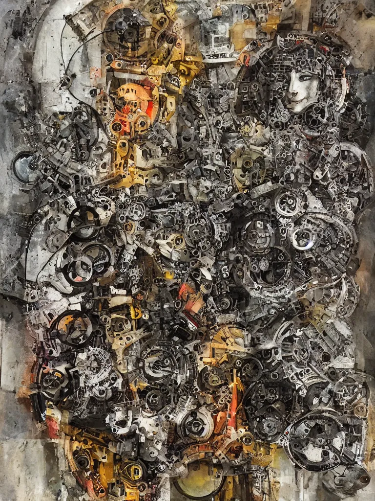 Image similar to peace via tyranny, mechanical, stoic, mixed media,