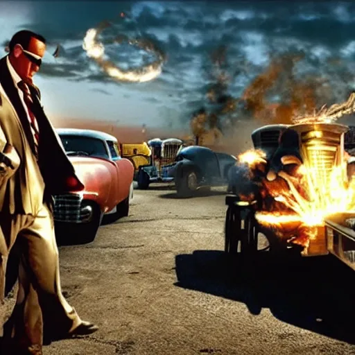 Image similar to a still from the movie casablanca crossover with the game twisted metal black