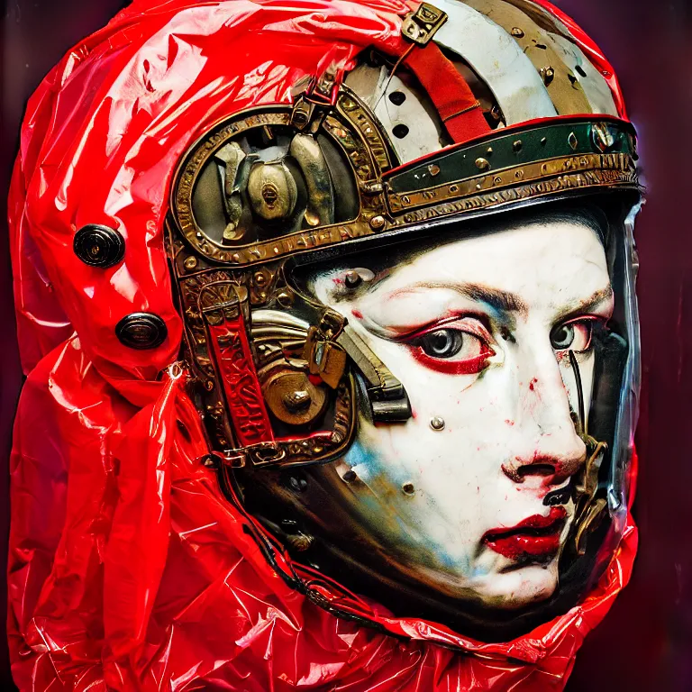 Image similar to portrait of a third reich soldier in ornate motorcycle dirt helmet in a helmet background red plastic bag, circuitboard,, rich deep colors, ultra detail, by francis bacon, james ginn, petra courtright, jenny saville, gerhard richter, zdzisaw beksinsk, takato yamamoto. masterpiece, elegant fashion studio ighting 3 5 mm