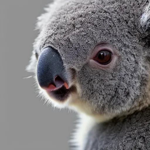 Image similar to award winning nature photograph of a koala with a beak. the beak is a parrot's beak. focus on the beak. extreme detail, hyperrealistic photo, smooth, trending on artstation