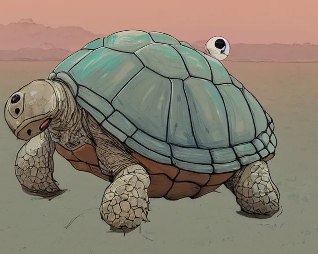 Prompt: a study of a cell shaded cartoon giant turtle from howl's moving castle ( 2 0 0 4 ), on a desert road, illustration, wide shot, subtle colors, post grunge, concept art by josan gonzales and wlop, by james jean, victo ngai, highly detailed, sharp focus, trending on artstation, hq, deviantart, art by artgem