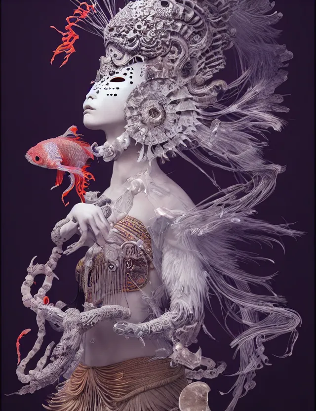 Image similar to 3 d goddess bottom - up with ram skull. beautiful intricately detailed japanese crow kitsune mask and clasical japanese kimono. betta fish, jellyfish phoenix, bio luminescent, plasma, ice, water, wind, creature, artwork by tooth wu and wlop and beeple and greg rutkowski