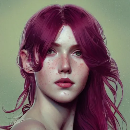 Prompt: close up portrait of a beautiful girl with red hair and freckles, intricate, elegant. highly detailed, digital painting, artstation, concept art, smooth, sharp, focus, illustration. background is purple, art by artgerm and greg rutkowski and alphonse mucha,