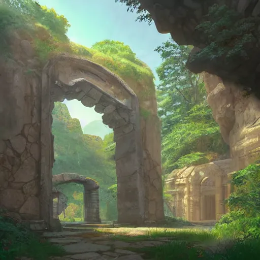 Prompt: concept art painting of an ancient ornate stone archway that is a portal to another world, in the woods, realistic, detailed, cel shaded, in the style of makoto shinkai and greg rutkowski and james gurney