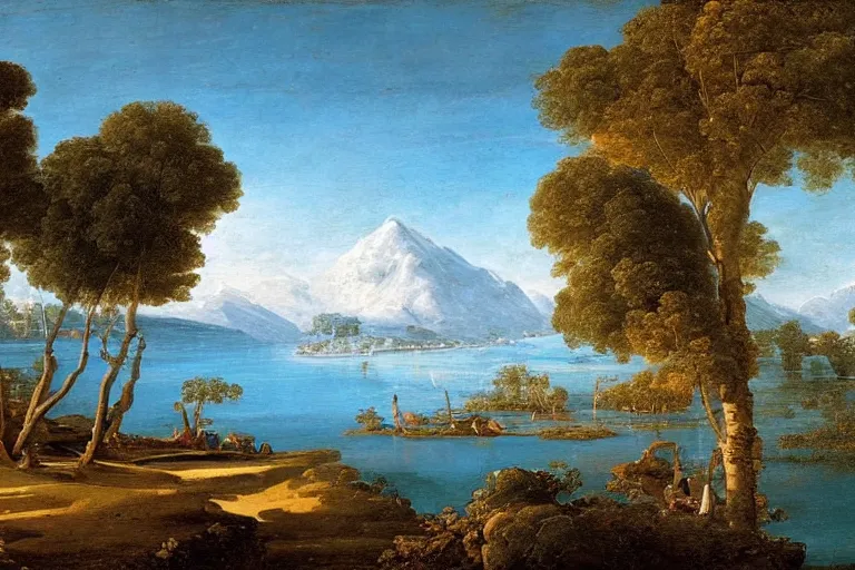 Image similar to beautiful landscape with winter and lake and coconut trees, mythology, fantasy, landscape background, vivid colors, digital painting, very detailed, realistic, high quality, by claude lorrain