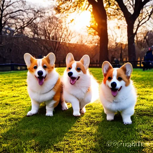 Image similar to 8k highly detailed photograph of the three most adorable Corgi Puppies playing in Central Park, golden hour,