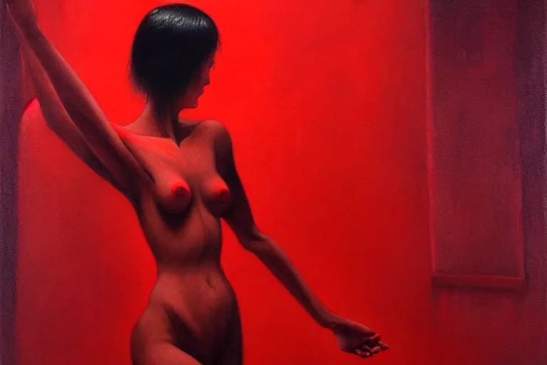 Prompt: only with red, a woman dances, tokio, in the style of beksinski, parts by edward hopper, parts by rodcenko, parts by yue minjun, intricate and epic composition, red by caravaggio, insanely quality, highly detailed, masterpiece, red light, artstation, 4 k