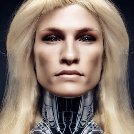 Prompt: full body of a very pretty blond borg queen on a borg ship, cybernetic implants, perfect face, symmetrical face, moody lighting, shallow depth of field,