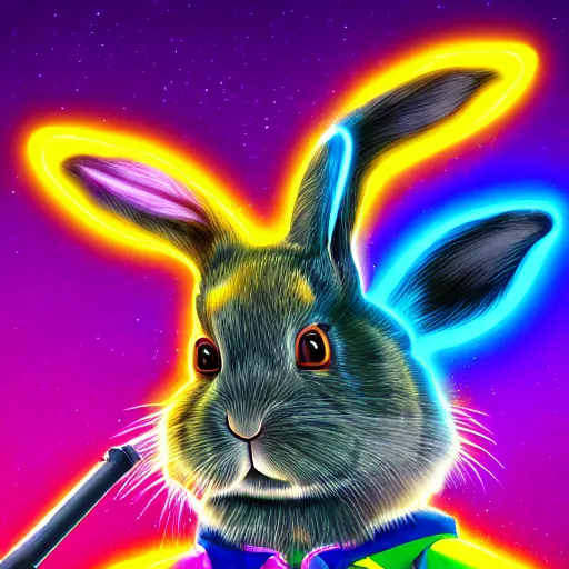 Image similar to portrait of rabbit with UV neon fur holding a machine gun , 8k, highly detailed, sharp, realistic, in style of Lisa Frank, Artstation, deviantart