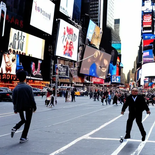 Prompt: photograph of danny devito skateboarding in times square, detailed face